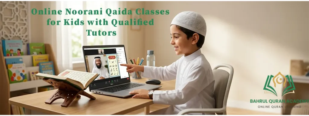 child attending Noorani Qaida online classes for kids on Laptop with tutor at home