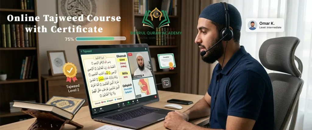 Student attending an Online Tajweed Course with Certificate and learning Quran recitation from a certified teacher