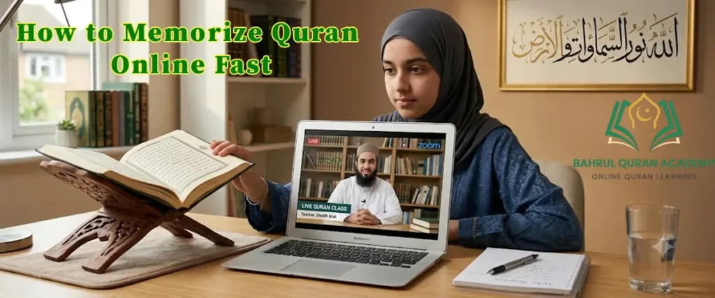Student learning how to memorize Quran online fast with a qualified teacher via video call